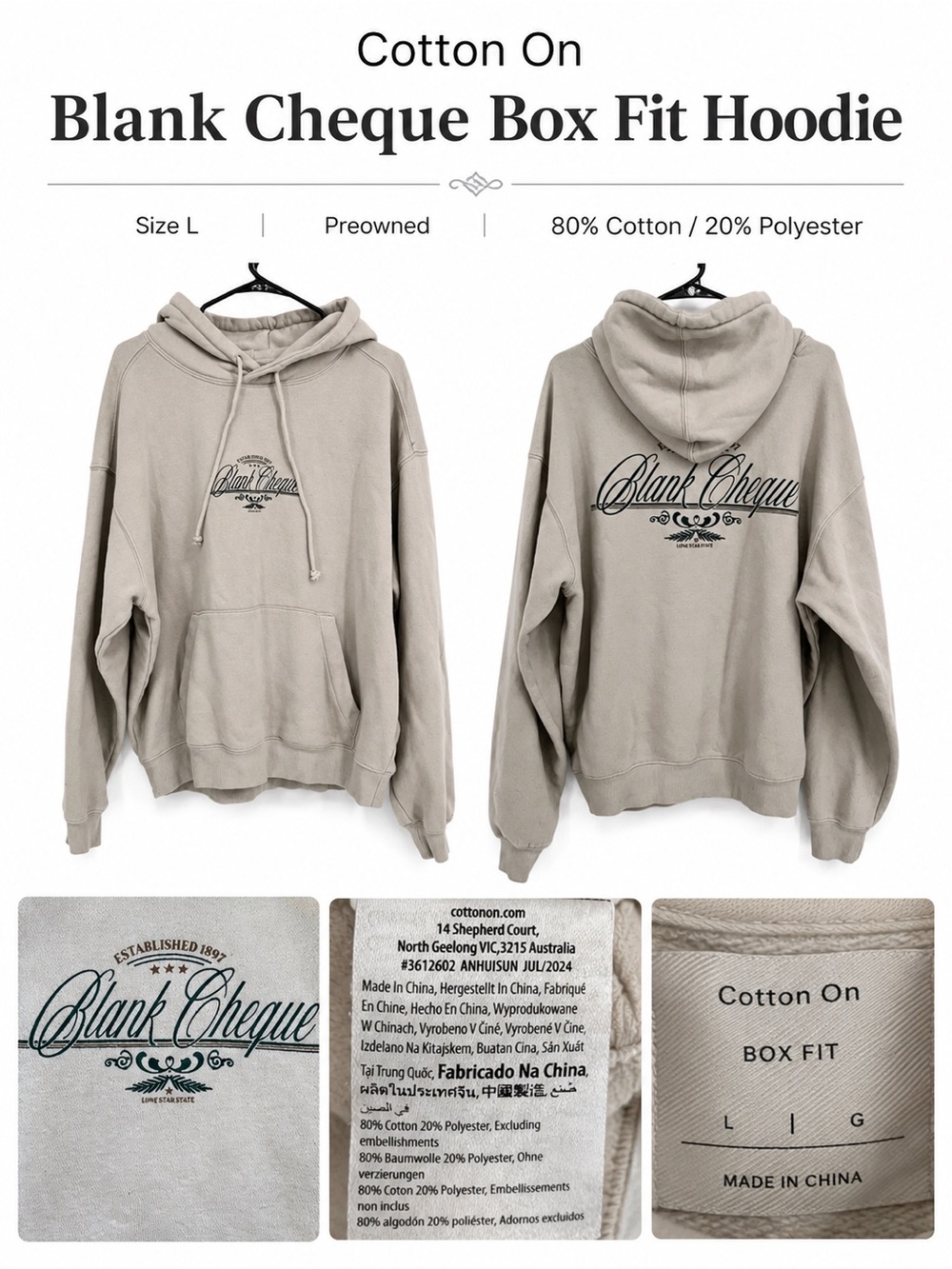 Cotton On box fit hoodie with blank cheque graphic on tan cotton Unisex Sz Large